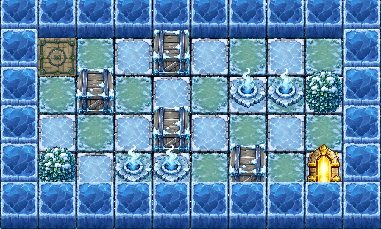 The same level layout reskinned with BlastFuse's frost world tile set: ice floor, frozen crates, and blue flame hazards
