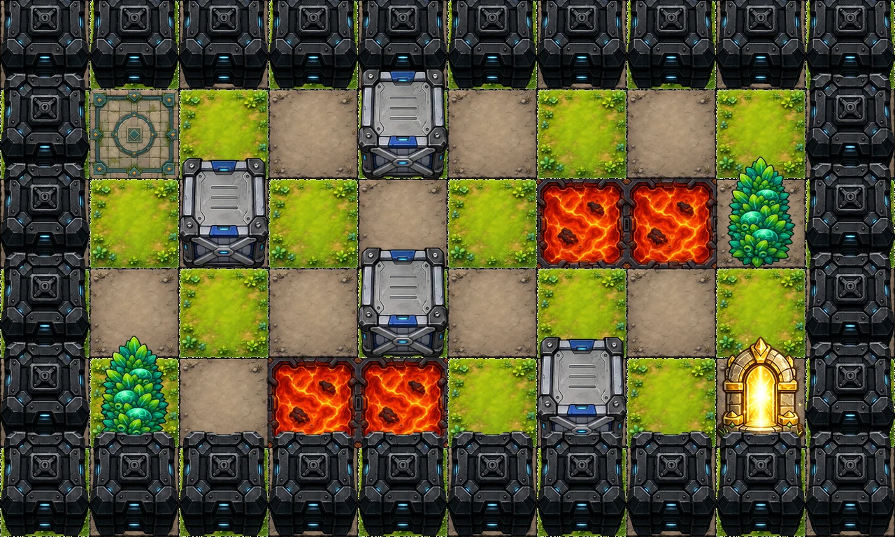 The same level layout reskinned with BlastFuse's space world tile set: metal floor, sci-fi crates, and alien plants