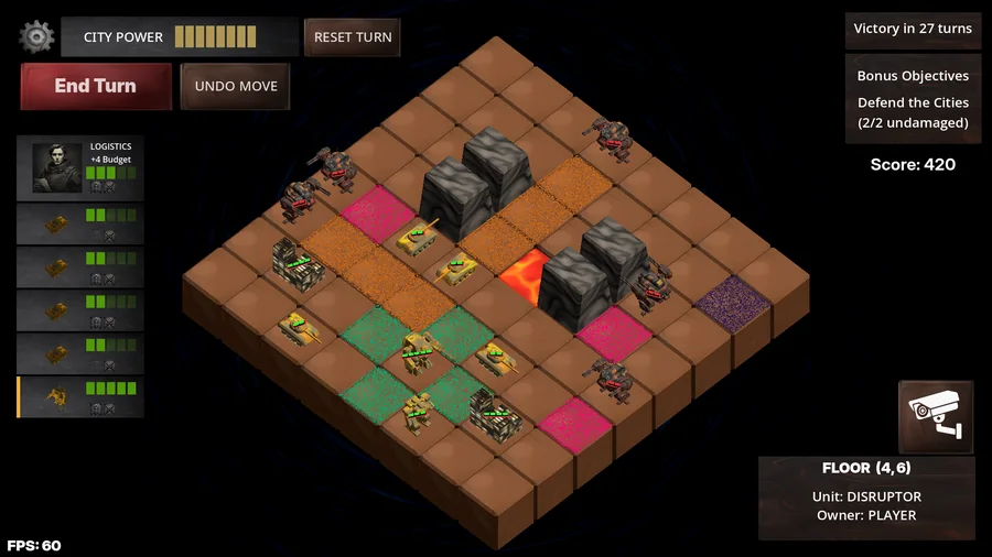Collapse State gameplay screenshot: an isometric tactical grid with units, hazard tiles, and a City Power resource bar