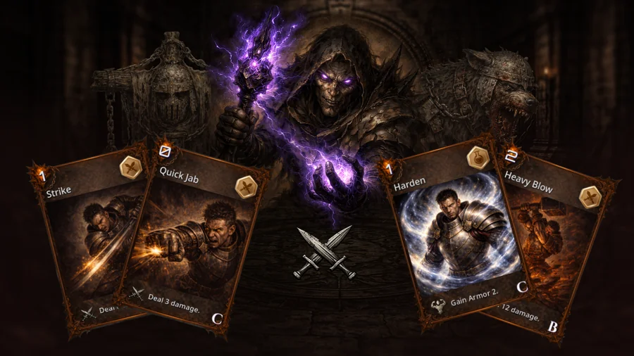Deadhand Protocol key art: a hooded necromancer boss flanked by stone and beast enemies, with combat cards Strike, Quick Jab, Harden, and Heavy Blow fanned in front