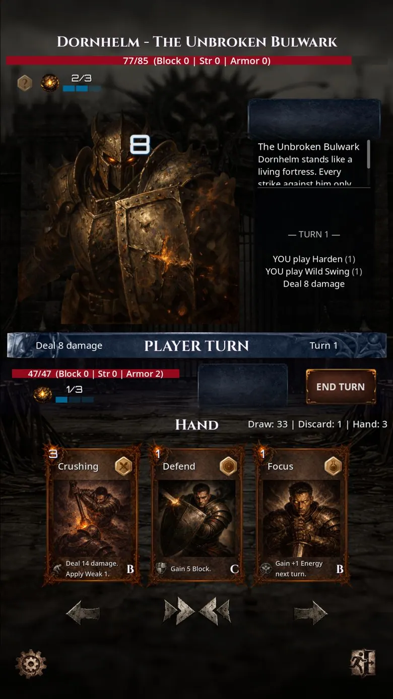 Battle against Dornhelm, the Unbroken Bulwark, a hulking armored knight at 77 of 85 health. The player's hand holds Crushing, Defend, and Focus