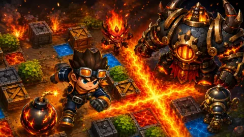 BlastFuse key art: the goggled bomber hero runs past a lit bomb as a fire imp, a clockwork bomber, and a molten armored giant close in across a lava-cracked grid arena