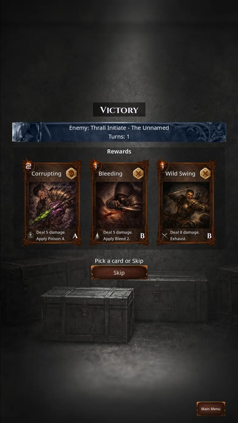 Victory screen after defeating Thrall Initiate, the Unnamed, in one turn, offering the reward cards Corrupting, Bleeding, and Wild Swing with a prompt to pick a card or skip
