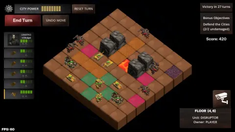 Collapse State gameplay screenshot: an isometric tactical grid with units, hazard tiles, and a City Power resource bar