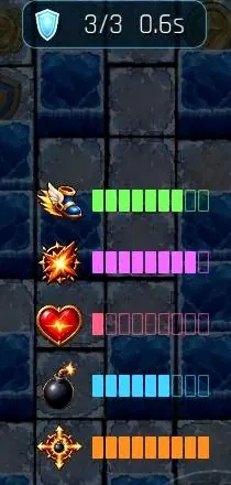 BlastFuse gameplay HUD: shield timer, speed, blast, HP, bomb, and ability meters, each with an icon and a live bar